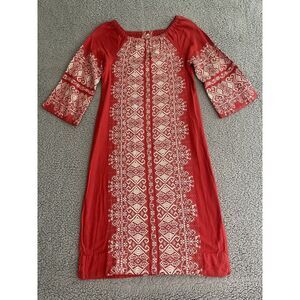 Vintage 70s Made In Greece Grecian Hand Woven Bell Sleeve Dress Red White Cotton